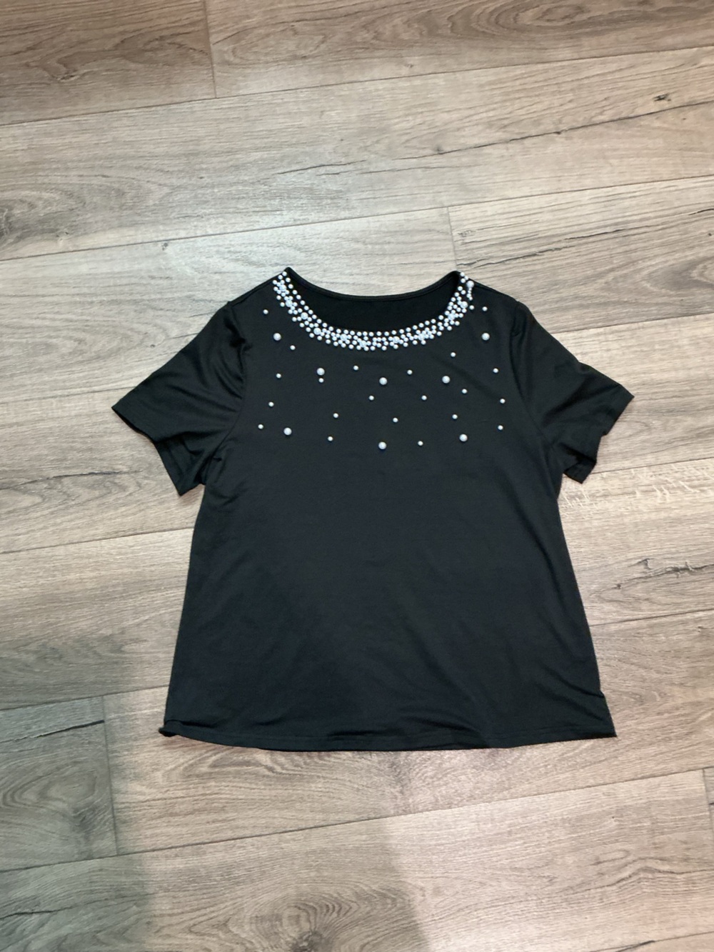 SHEIN Black Short Sleeve Top with Pearl Accents